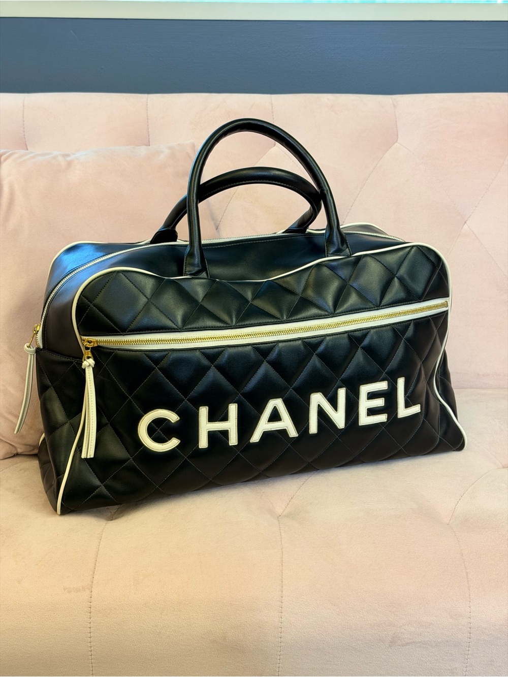 CHANEL Black Quilted Weekender Bowler with White Trim and Gold Hardware